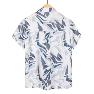 Men's casual short sleeve shirt featuring blue and gray geometric print on white background