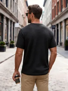 Detailed back view of a men's dark gray waffle knit short sleeve Henley t-shirt.