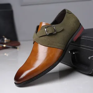 Men's professional pointed-toe monk strap dress shoes in brown leather and olive green suede.