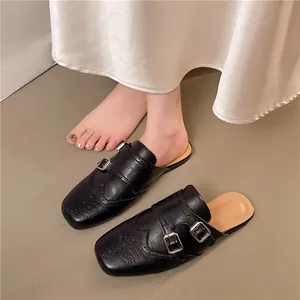 Mules Brogue de Estilo Británico Vintage para Mujer Con Hebilla Doble Pantuflas Planas de Punta Cerrada Zapatos Casuales de Cuero de PU