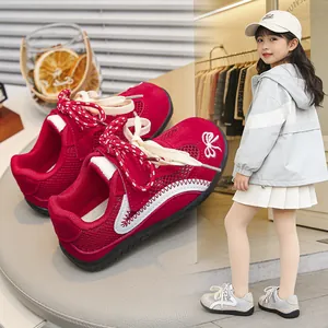 Meisjes Duitse Trainingsstijl Sneakers Casual Strik Borduurwerk Ademend Mesh Sportschoenen Kinderen Klittenband Platte Schoenen