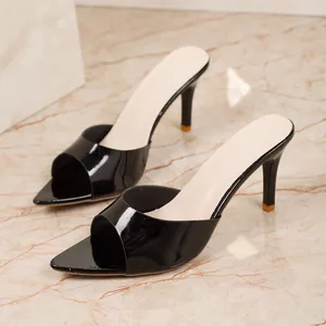 Elegant black patent leather high heel mule sandals with square toe for summer wear