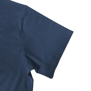 Macro detail shot of a navy blue slub cotton t-shirt sleeve showing fine fabric texture