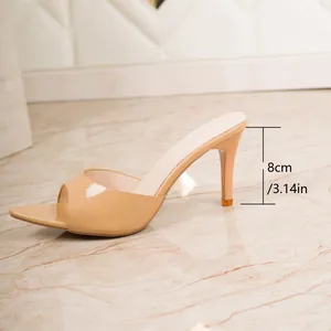 Detailed view showing the 8cm stiletto heel height of nude patent leather mules