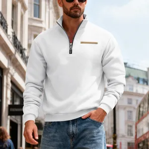 Detail of men's white heavyweight half-zip fleece sweatshirt with stand collar.