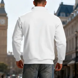 Back view of men's white heavyweight semi-zipper sweatshirt in American street style