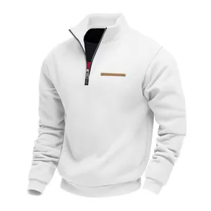 Heavyweight white half-zip fleece sweatshirt for men featuring a stand collar design