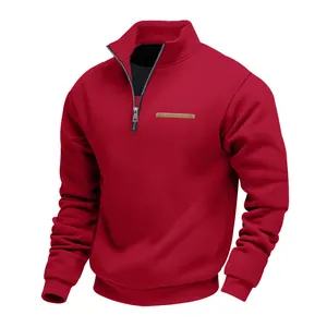 Classic men's winter heavyweight half-zip sweatshirt in deep red with a stand collar