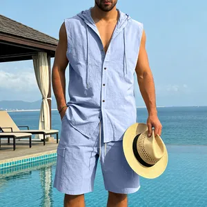 Men's light blue sleeveless linen hooded shirt and cargo shorts summer set detail view