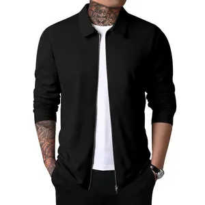 Close-up of men's black waffle knit slim fit jacket with zipper and lapel collar