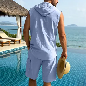 Men's summer linen 2-piece set with sleeveless hooded shirt and cargo shorts for beach resort