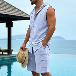 Men's blue sleeveless hooded linen shirt and cargo shorts set for summer beach vacation