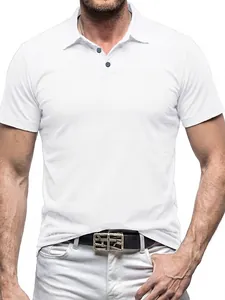 Detailed close-up view of a men's classic white short-sleeved premium cotton Polo shirt