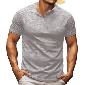 Men's retro casual slub cotton short sleeve Henley T-shirt in heather grey color