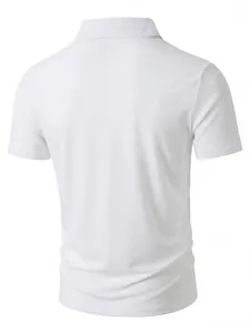 Back view of a classic white men's short-sleeved casual polo shirt with collar detail.