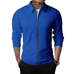 Detailed view of royal blue waffle-knit zip-up jacket for men with a sleek lapel collar