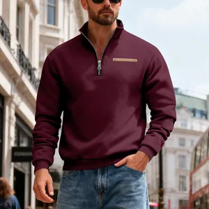 Detailed view of burgundy heavy half-zip stand collar sweatshirt for men in urban street
