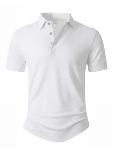 Front view showing details of a classic white men's short sleeve casual polo shirt