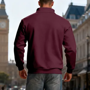 Detail showing back view of men's heavyweight maroon fleece half-zip sweatshirt