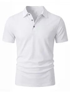 Close-up of a classic white men's short-sleeve polo shirt with three-button collar