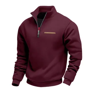 Close-up of wine red heavy weight half-zip stand collar sweatshirt for men