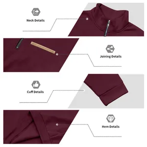 Detail shots of burgundy men's half-zip sweatshirt showing collar, cuffs and hem
