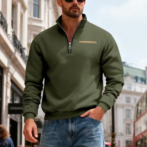 Men's olive green heavy fleece sweatshirt with half-zip stand collar on model