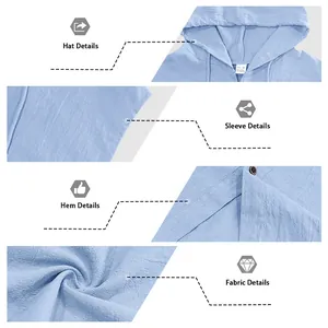 Close-up of light blue linen-textured shirt details showing hood, sleeves, and hem