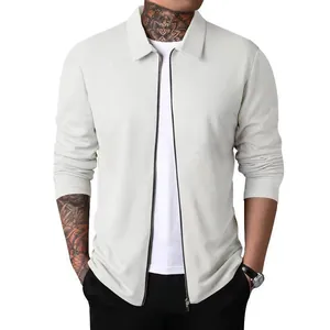 Slim fit men's waffle knit zipper jacket with polo collar in a classic off-white color