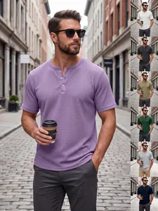 Men's Slim Fit Waffle Knit Henley Shirt Summer Casual Short Sleeve Button Neck Solid Color Breathable Top