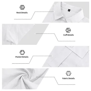 Dettagli di colletto, polsino, tasca e tessuto di una camicia in lino bianco