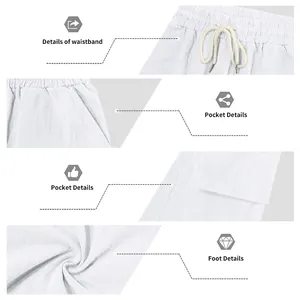 Viste dettagliate dei pantaloncini cargo in lino bianco con vita, tasche e orlo finale