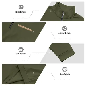 Close-up details of neck, stitching, cuffs, and hem on a men's olive sweatshirt.