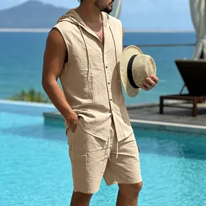 Men's summer linen-blend hooded sleeveless shirt and cargo shorts beach vacation set.