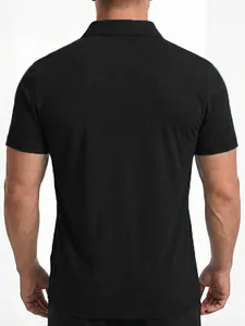 Back view of a classic black short-sleeved men's polo shirt with a slim fit design