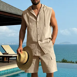 Men's beige linen hooded sleeveless shirt and cargo shorts set for summer beach vacation.
