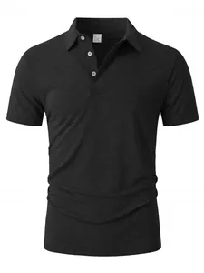 Close-up of a charcoal gray men's short sleeve polo shirt with white buttons