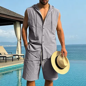 Men's grey linen hooded sleeveless shirt and cargo shorts set for summer vacation wear.