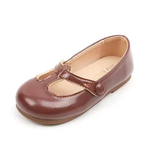 Classic brown Mary Jane toddler leather shoes for girls featuring soft non-slip soles