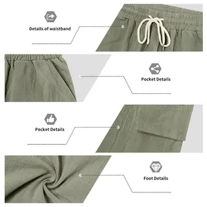 Viste dettagliate delle caratteristiche e del tessuto dei pantaloncini cargo in lino