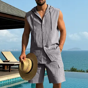 Men's grey linen hooded sleeveless shirt and cargo shorts 2-piece summer beach set