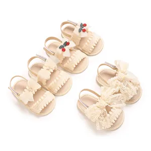 Sandales d'Été pour Bébé Fille en Coton avec Nœud Papillon Broderie Cerise Chaussures de Marche Antidérapantes à Semelle Souple