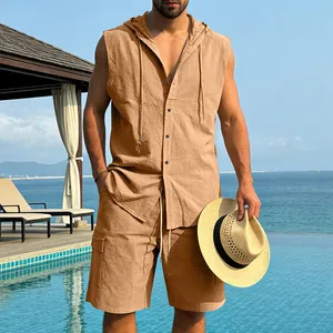 Detailed view of men's tan linen sleeveless hooded shirt and cargo shorts summer set