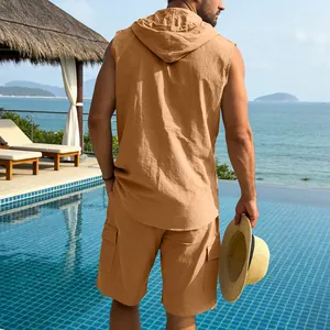 Back view of men's camel linen hooded sleeveless shirt and cargo shorts beach set