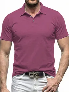Close-up of a men's short-sleeve casual polo shirt in mauve with collar detail.
