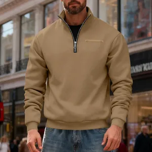 Men's heavyweight khaki sweatshirt featuring a half-zip stand collar and loose outdoor fit