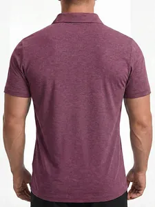 Back view of a men's purple polo shirt showing a slim fit and textured fabric detail