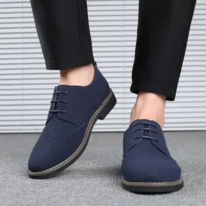 Men's large size navy blue suede brogue casual shoes with classic lace-up design