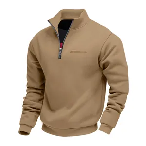 Close-up detail of men's heavyweight khaki half-zip sweatshirt with stand collar design