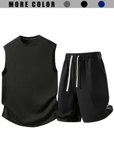 Men Summer Casual Sleeveless T-Shirt And Shorts Top And Bottom Jacquard Knit Breathable Sportswear For Gym Running Workout